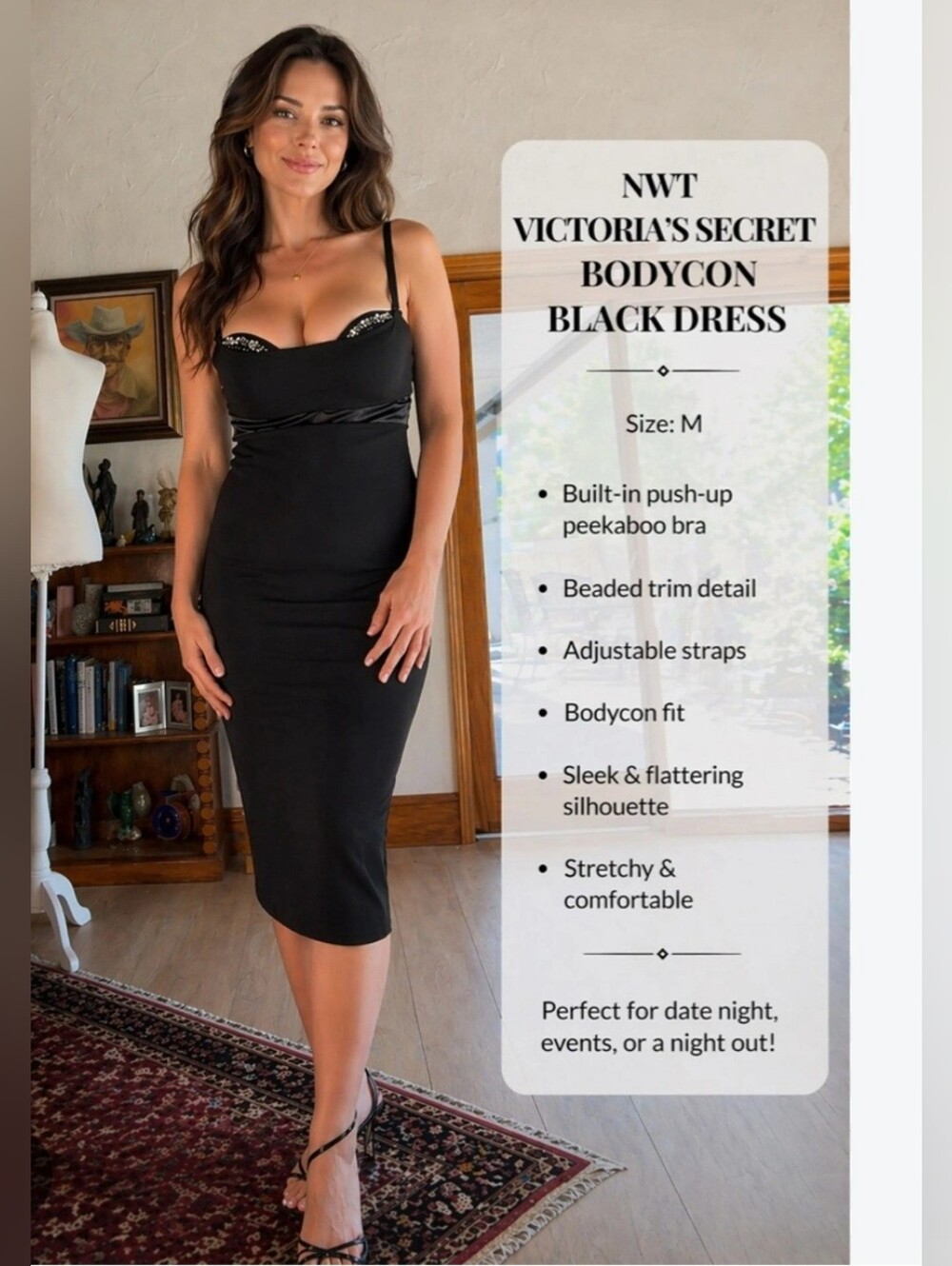Victoria's Secret black bodycon dress with built-in 36C rhinestone bra SZ M NWT